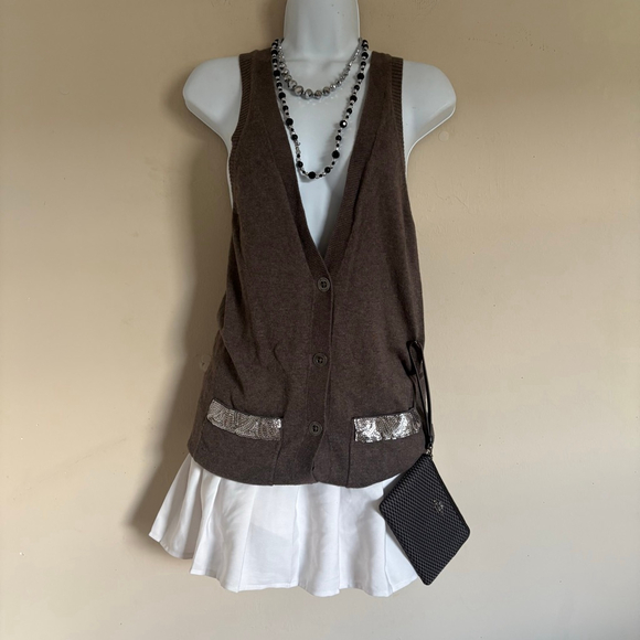 Hollister Vintage Y2K Brown Taupe Cardigan Sweater with Silver Sequins, Size S - Picture 5 of 16